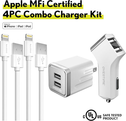Iphone Charger,  Apple Mfi Certified 4Ft Lightning USB Cables with Dual Port Wall & Car Charger Adapter for Iphone 11 Pro Max X Xs XR 8 7 6S 5 SE, Ipad Pro Air Mini - White