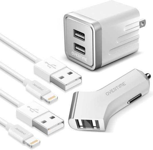 Iphone Charger,  Apple Mfi Certified 4Ft Lightning USB Cables with Dual Port Wall & Car Charger Adapter for Iphone 11 Pro Max X Xs XR 8 7 6S 5 SE, Ipad Pro Air Mini - White